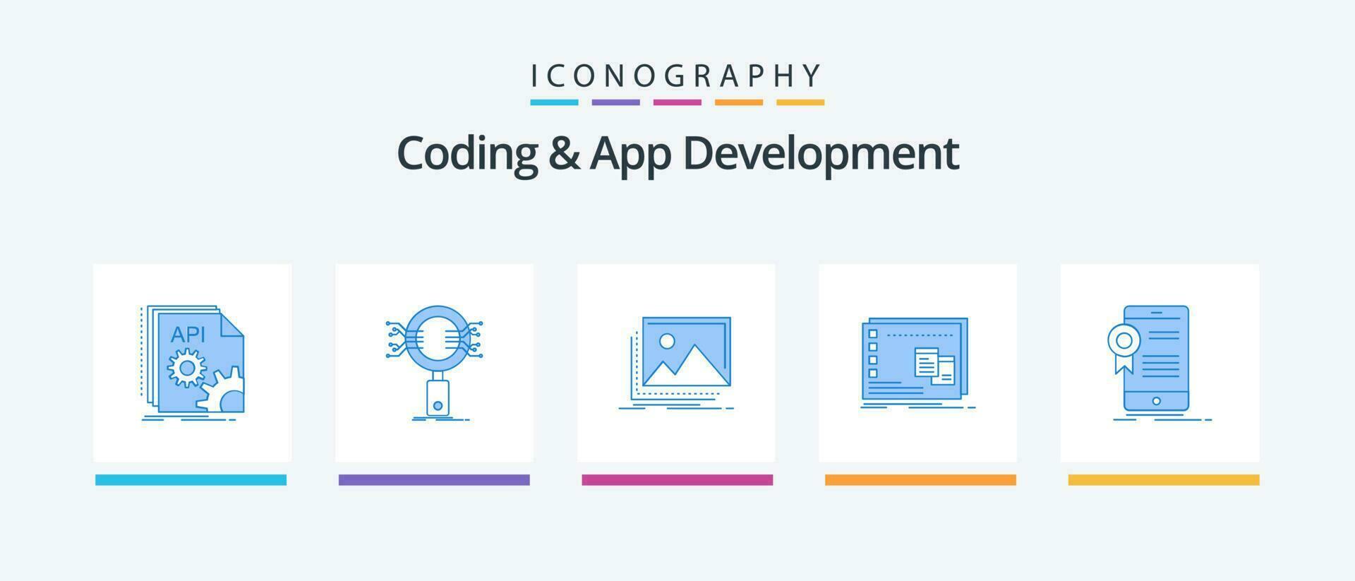 Coding And App Development Blue 5 Icon Pack Including operational. window. research. photo. landscape. Creative Icons Design vector