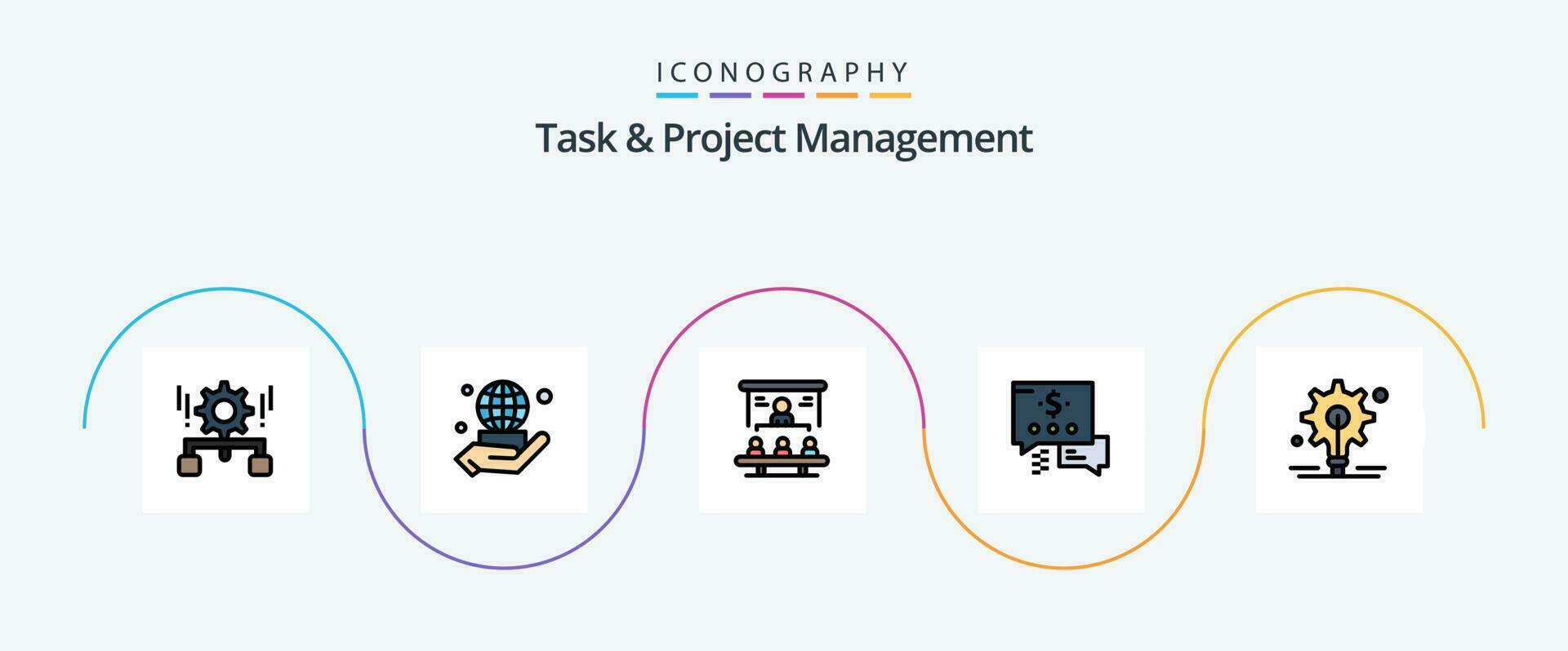 Task And Project Management Line Filled Flat 5 Icon Pack Including bulb. mail. network. chat. people vector