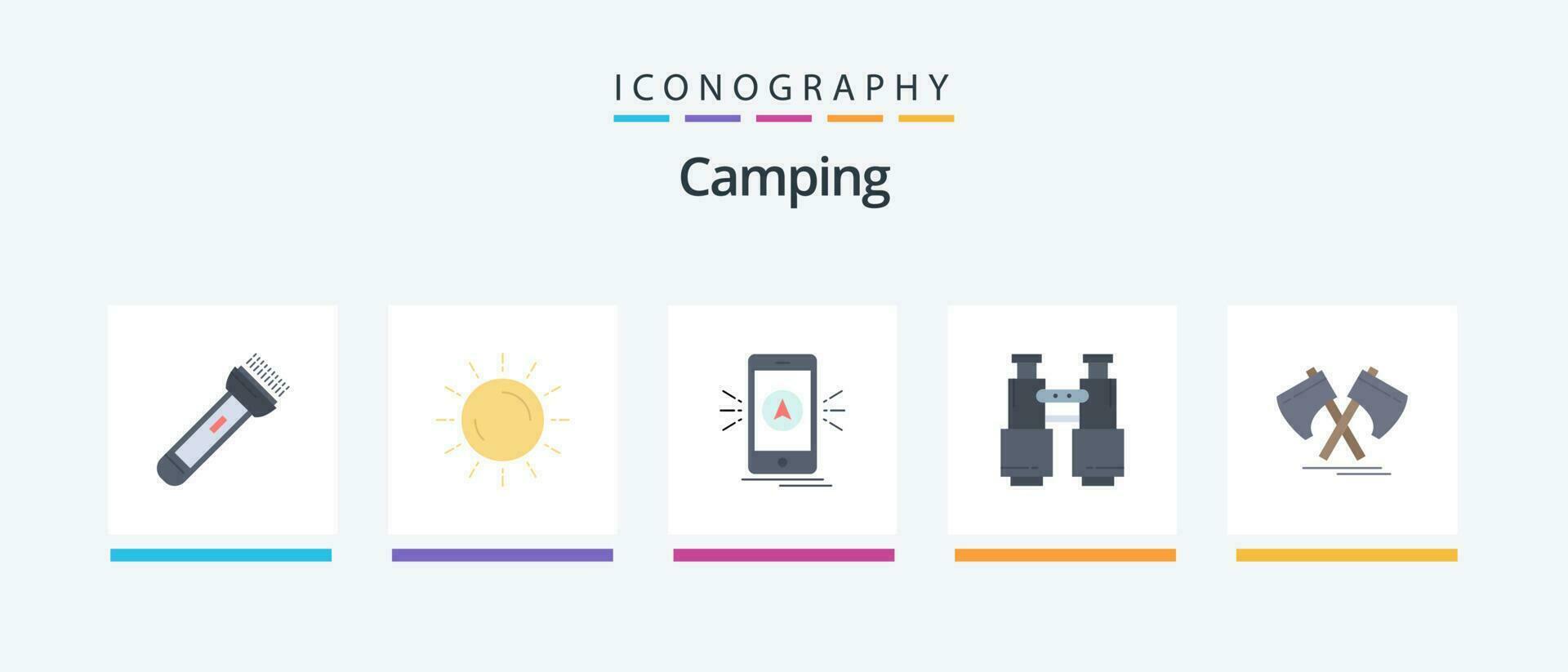 Camping Flat 5 Icon Pack Including search. binoculars. sunrise. location. camping. Creative Icons Design vector