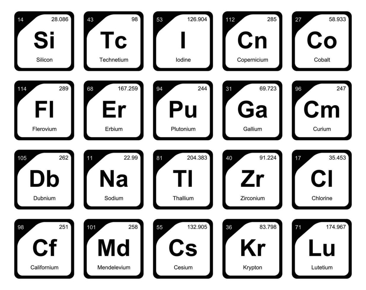 diseño de paquete de iconos de 20 tablas preiodicas de los elementos vector