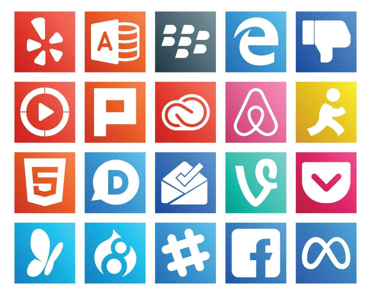 20 social medios de comunicación icono paquete incluso bolsillo bandeja de entrada creativo nube Disqus objetivo vector