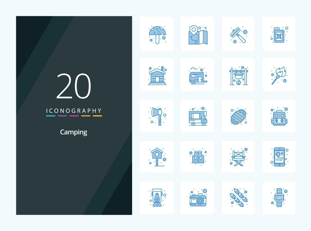 20 iconos de color azul para acampar para la presentación vector