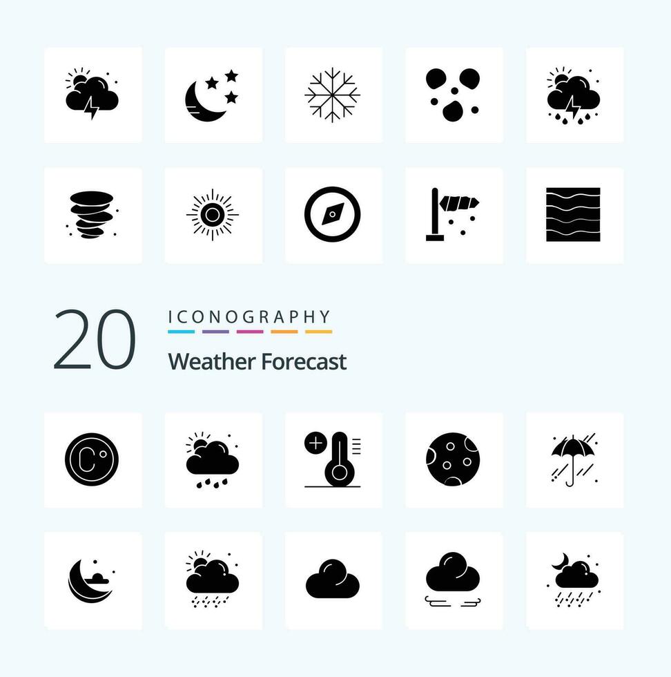20 Weather Solid Glyph icon Pack like rain umbrella plus weather night vector