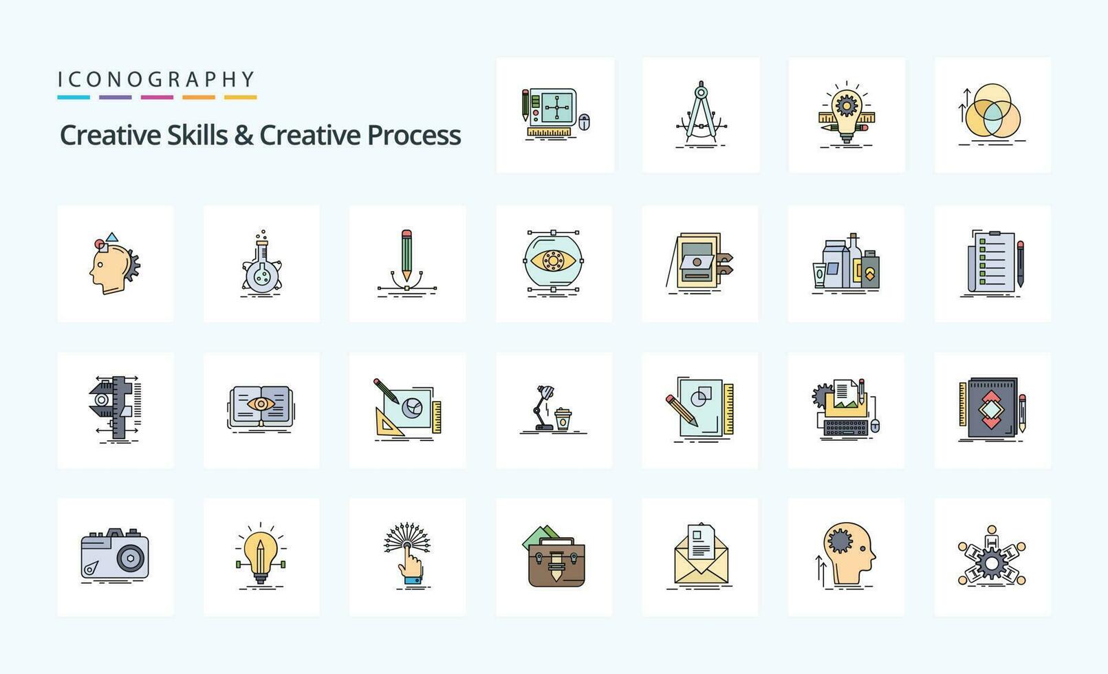 25 Creative Skills And Creative Process Line Filled Style icon pack vector