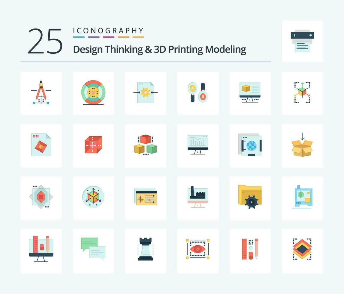 diseño pensando y re impresión modelado 25 plano color icono paquete incluso caja. informática. archivo . signo. investigación vector