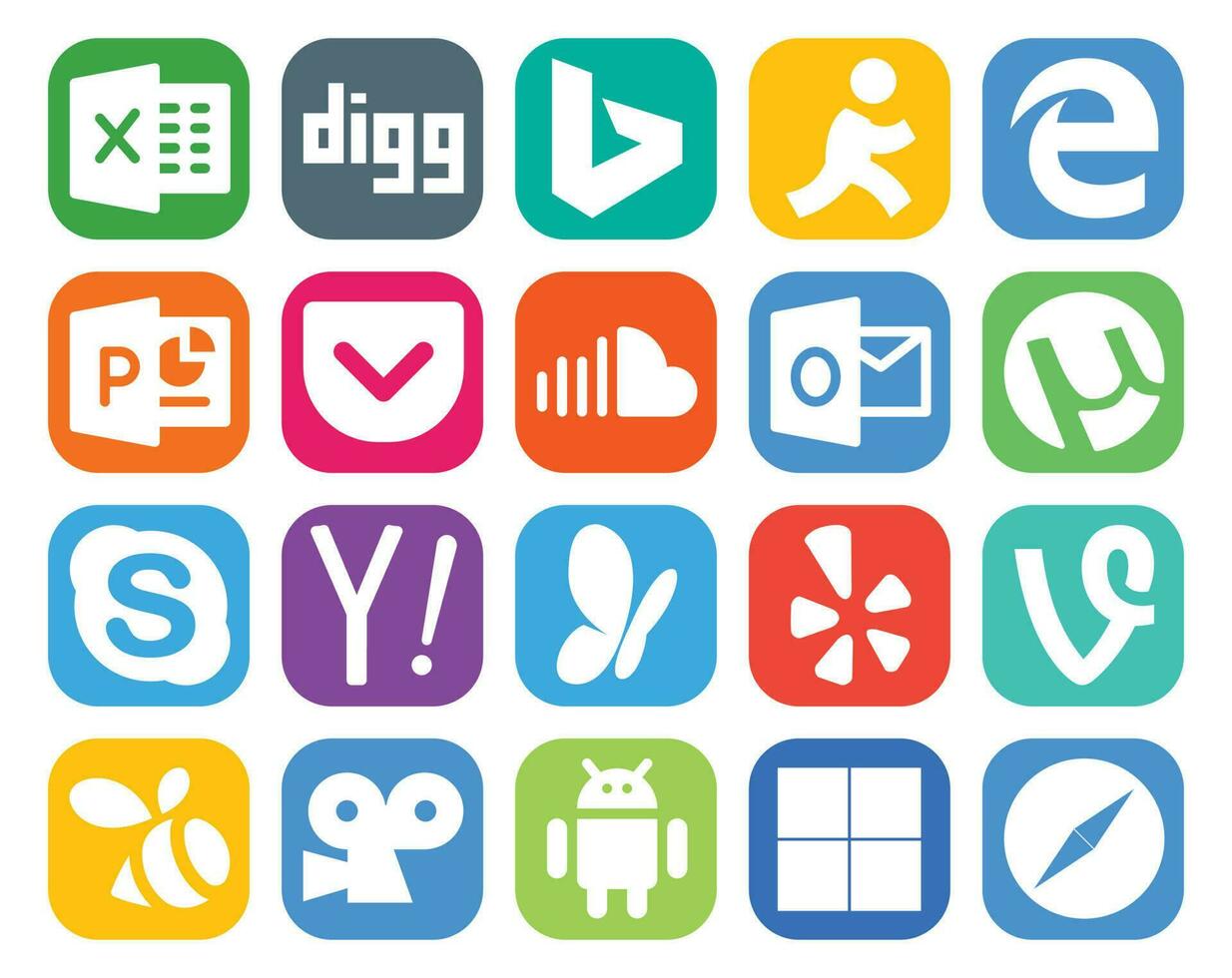 20 social medios de comunicación icono paquete incluso gañido buscar sonido yahoo skype vector