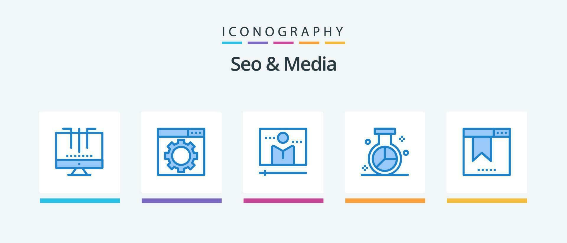 Seo and Media Blue 5 Icon Pack Including research. media. broadcast. market. player. Creative Icons Design vector