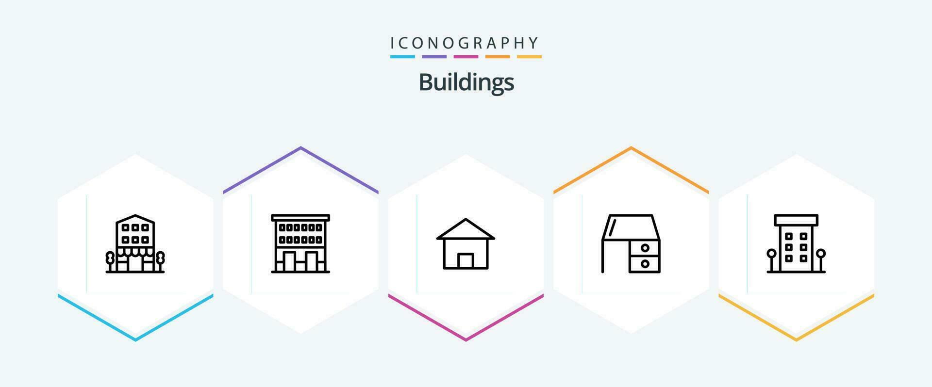 Buildings 25 Line icon pack including shop front. buildings. house. office material. furniture vector