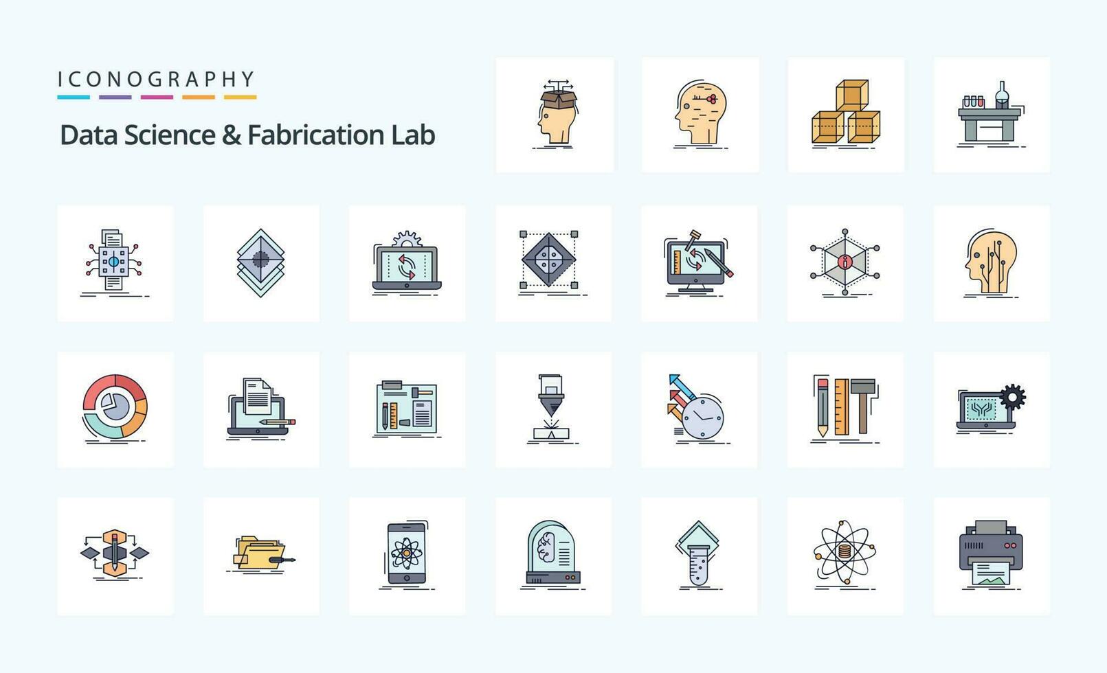 25 Data Science And Fabrication Lab Line Filled Style icon pack vector