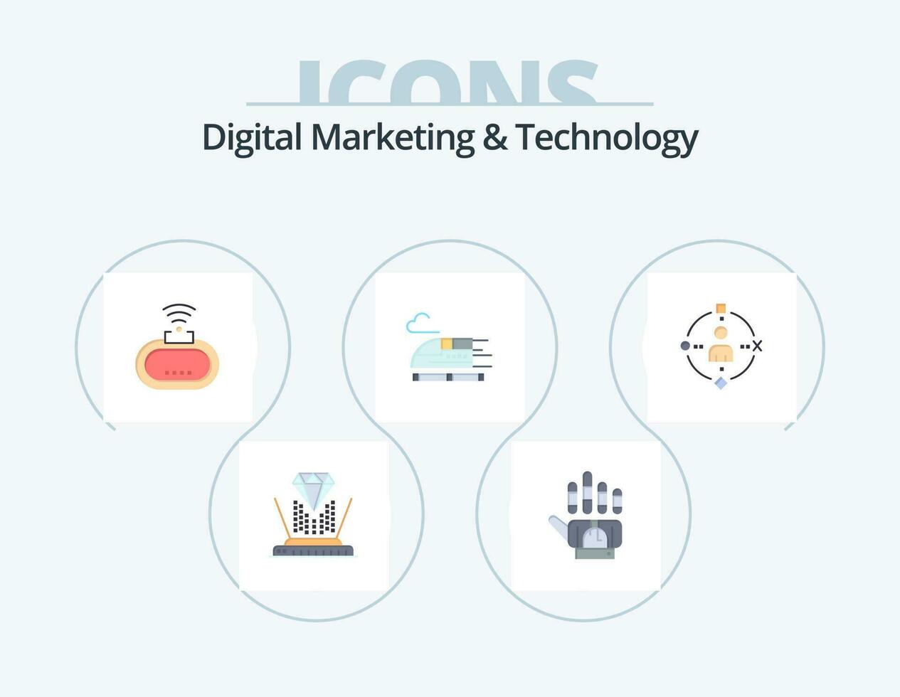 Digital Marketing And Technology Flat Icon Pack 5 Icon Design. technology. ambient. device. transport. train vector