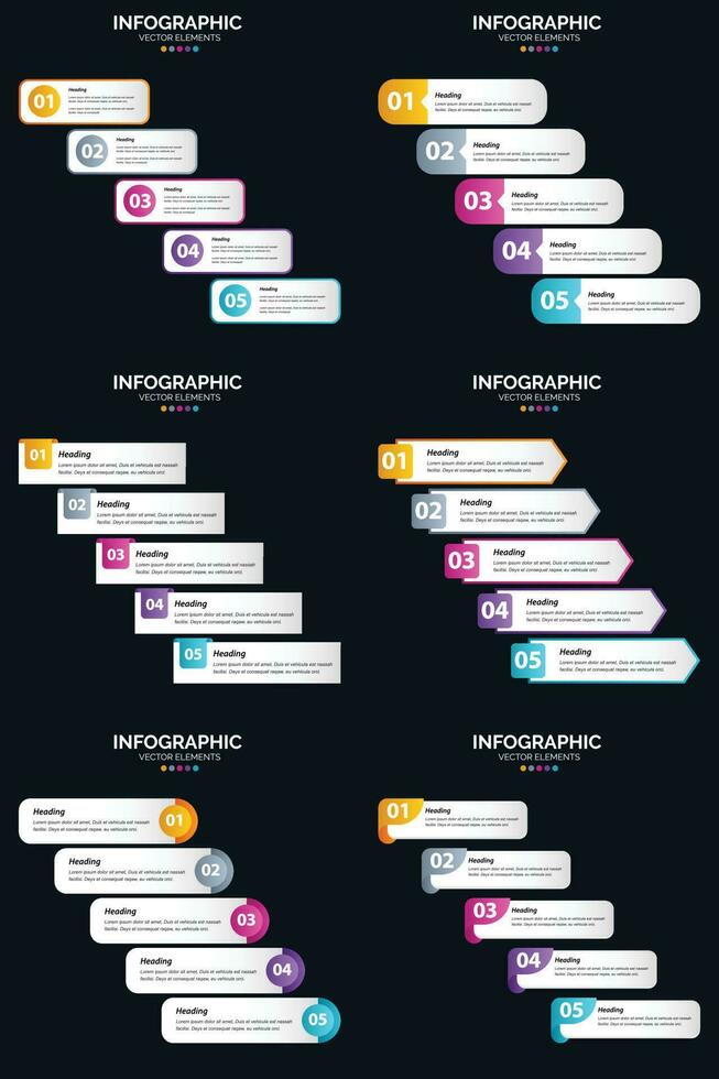 plantilla de diapositiva de presentación del paquete de infografías vectoriales 6 diagramas de ciclo de 5 pasos y líneas de tiempo vector