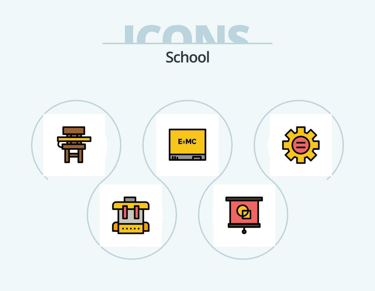 School Line Filled Icon Pack 5 Icon Design. desk. chair. globe. geometry. drawing vector