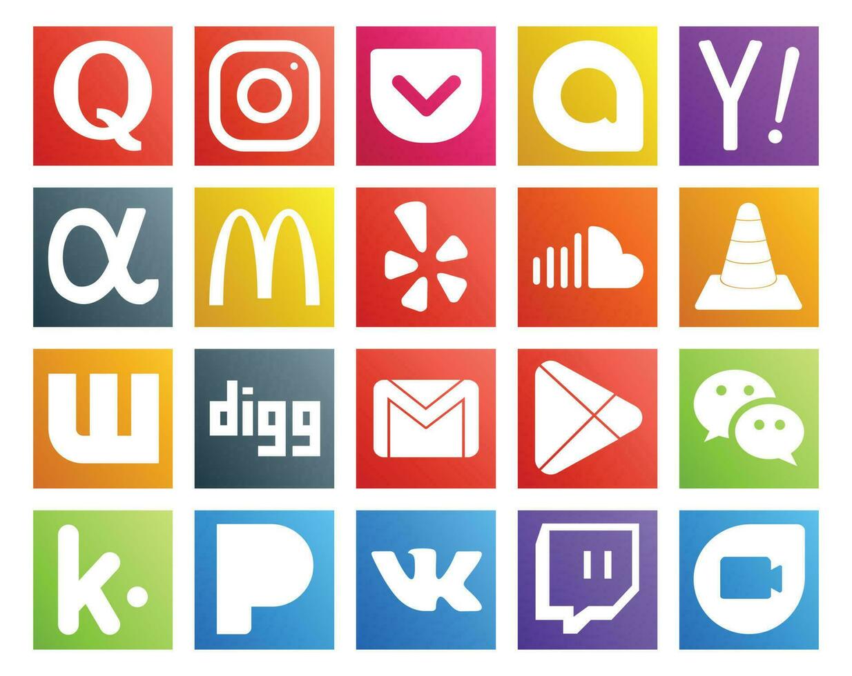 20 social medios de comunicación icono paquete incluso cavar jugador McDonalds medios de comunicación música vector