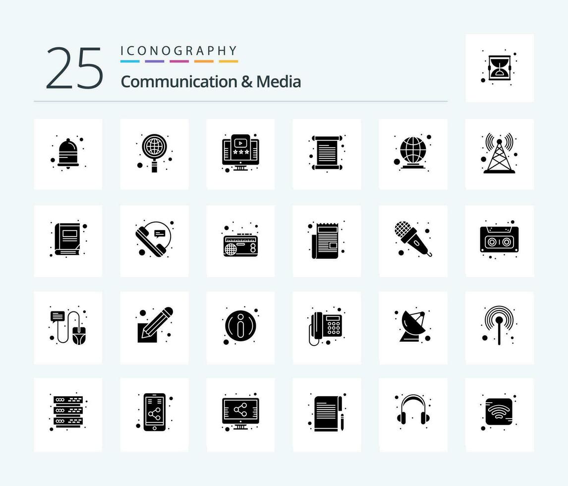 Communication And Media 25 Solid Glyph icon pack including global. invoice. online. invite. card vector