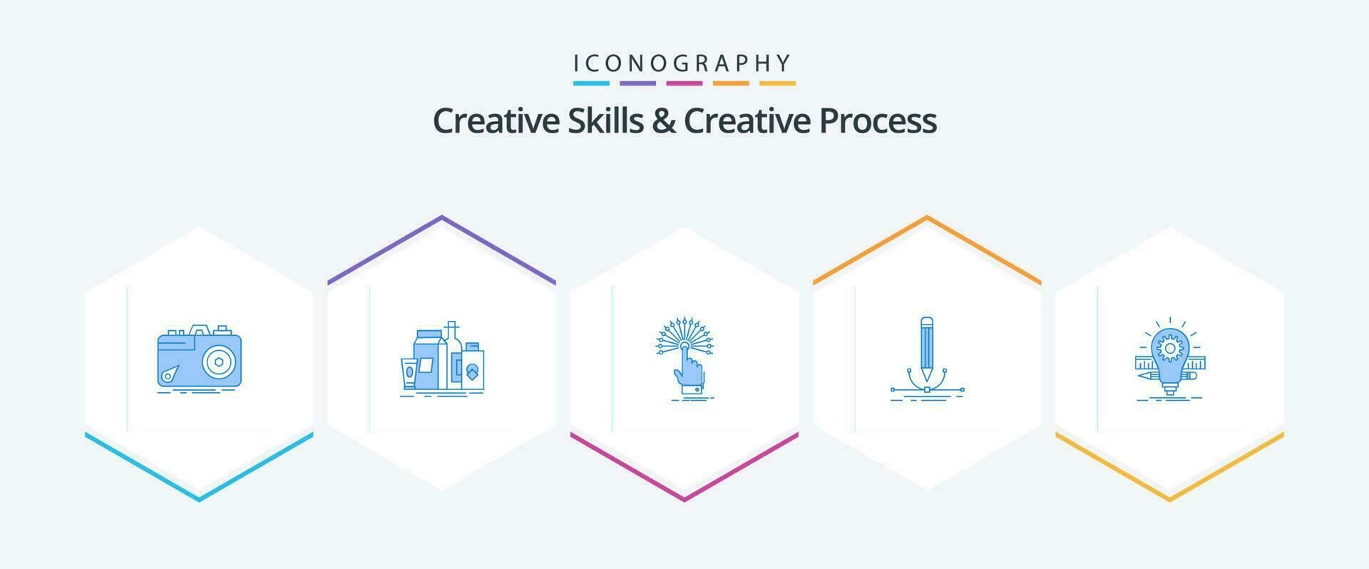 creativo habilidades y creativo proceso 25 azul icono paquete incluso bolígrafo. ilustración. producto. analítico. destino vector