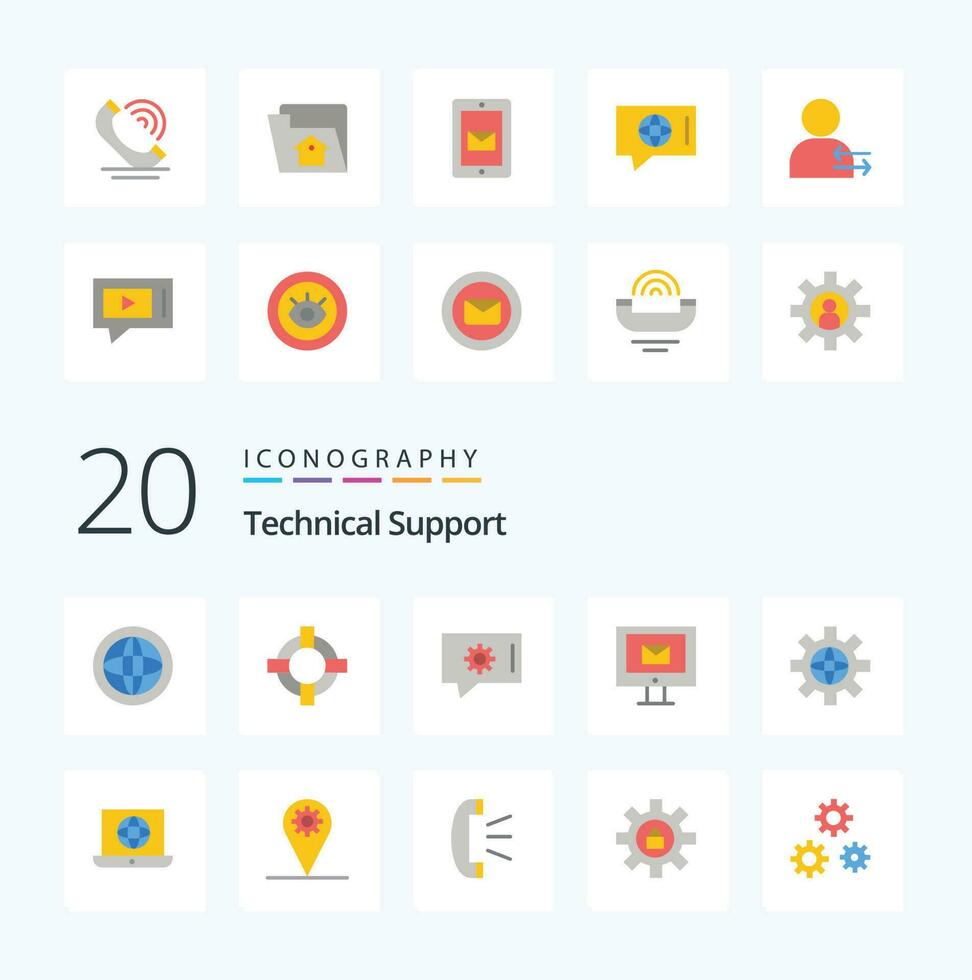 20 Technical Support Flat Color icon Pack like setting world chat preferences service mail vector