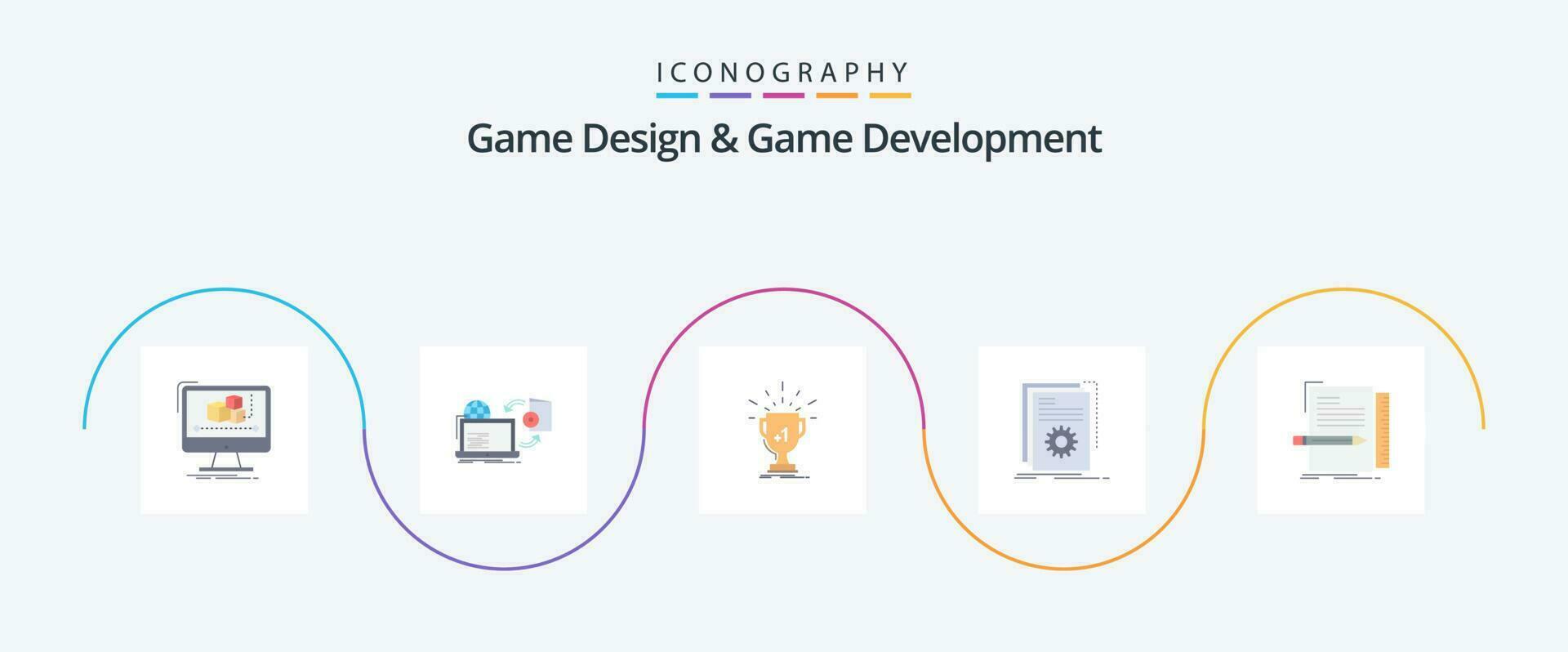 Game Design And Game Development Flat 5 Icon Pack Including developer. app. publish. first. win vector