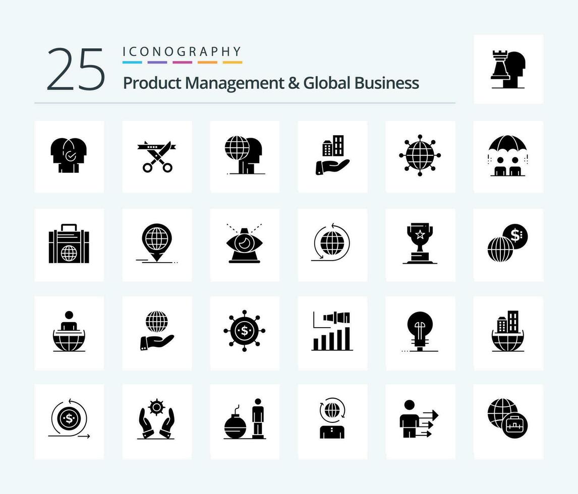 Product Managment And Global Business 25 Solid Glyph icon pack including sustainable. business. opening. architecture. marketing vector