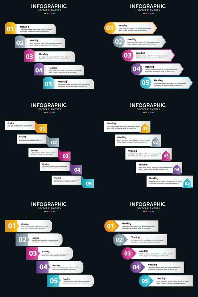 plantilla de diapositiva de presentación del paquete de infografías vectoriales 6 diagramas de ciclo de 5 pasos y líneas de tiempo vector