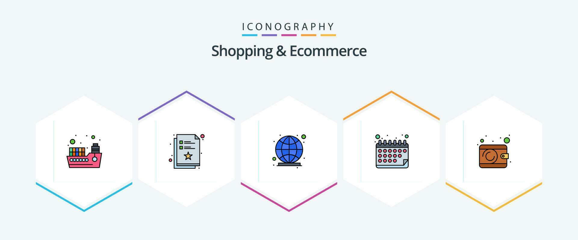 Shopping And Ecommerce 25 FilledLine icon pack including cash. date. wish list. calendar. connection vector