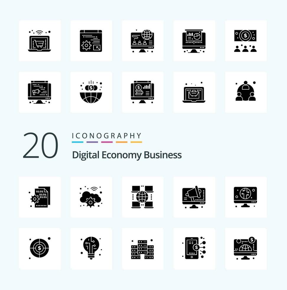 20 Digital Economy Business Solid Glyph icon Pack like computer computer digital speaker business vector