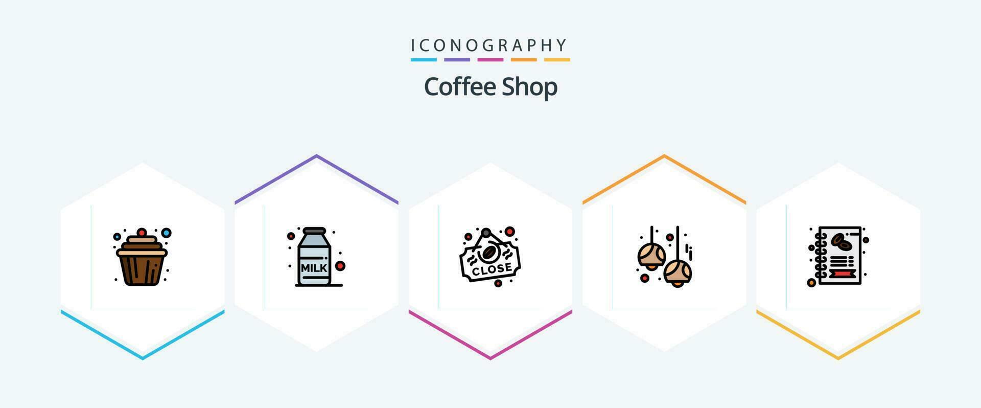 Coffee Shop 25 FilledLine icon pack including coffee. lights. board. lamps. cafe vector