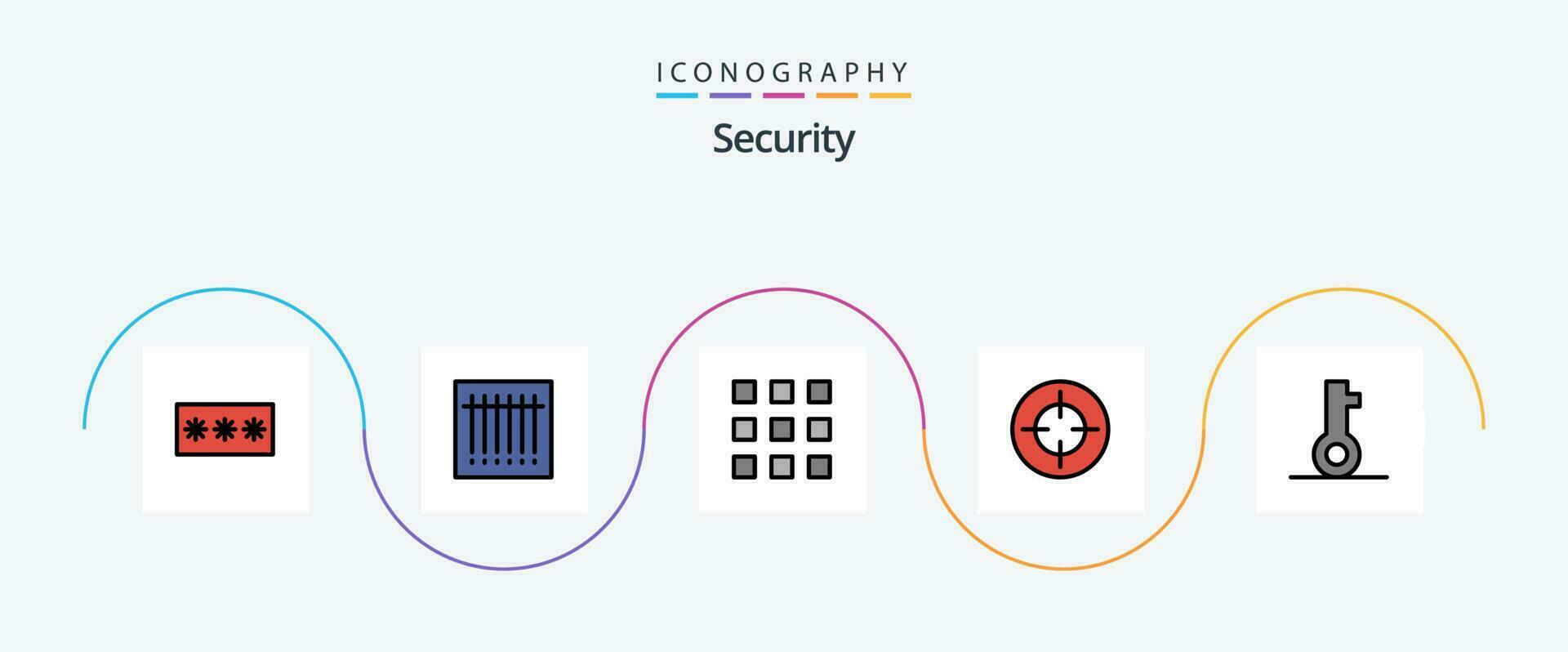 Security Line Filled Flat 5 Icon Pack Including key. shoot. buttons. focus. number vector