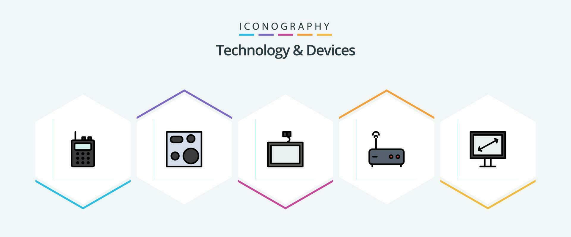 Devices 25 FilledLine icon pack including . display. mount. diagonal. modem vector