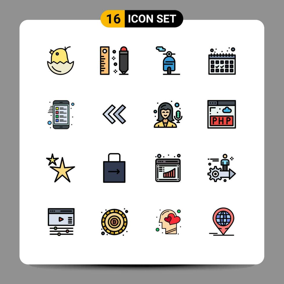 16 Thematic Vector Flat Color Filled Lines and Editable Symbols of list clipboard motor checklist dates Editable Creative Vector Design Elements