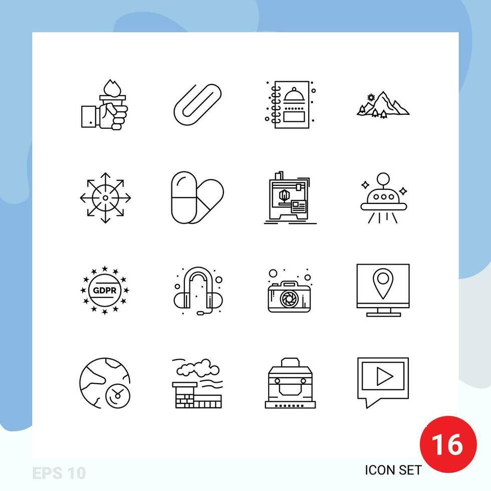 16 Thematic Vector Outlines and Editable Symbols of tree hill add landscape food Editable Vector Design Elements