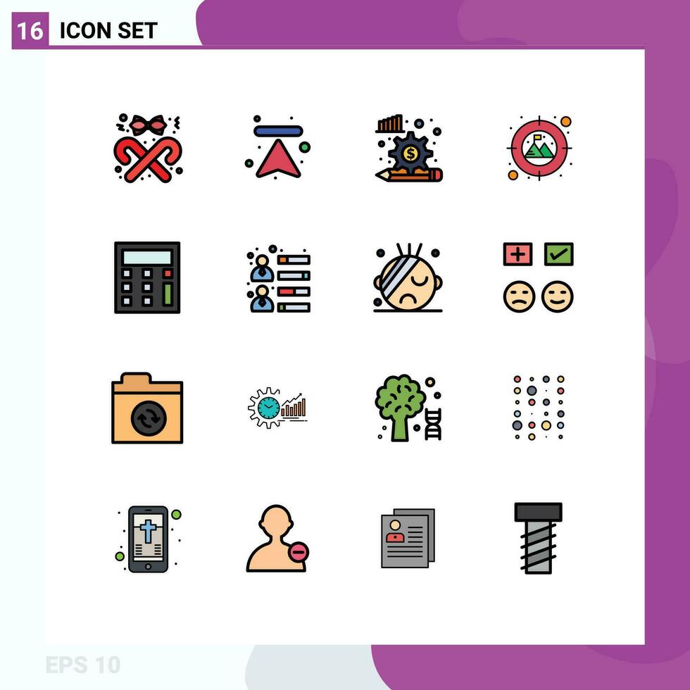16 Thematic Vector Flat Color Filled Lines and Editable Symbols of calculator target upload goal gear Editable Creative Vector Design Elements