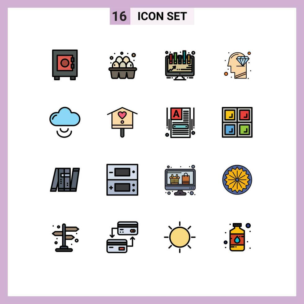 16 Thematic Vector Flat Color Filled Lines and Editable Symbols of bird signal board cloud mind Editable Creative Vector Design Elements