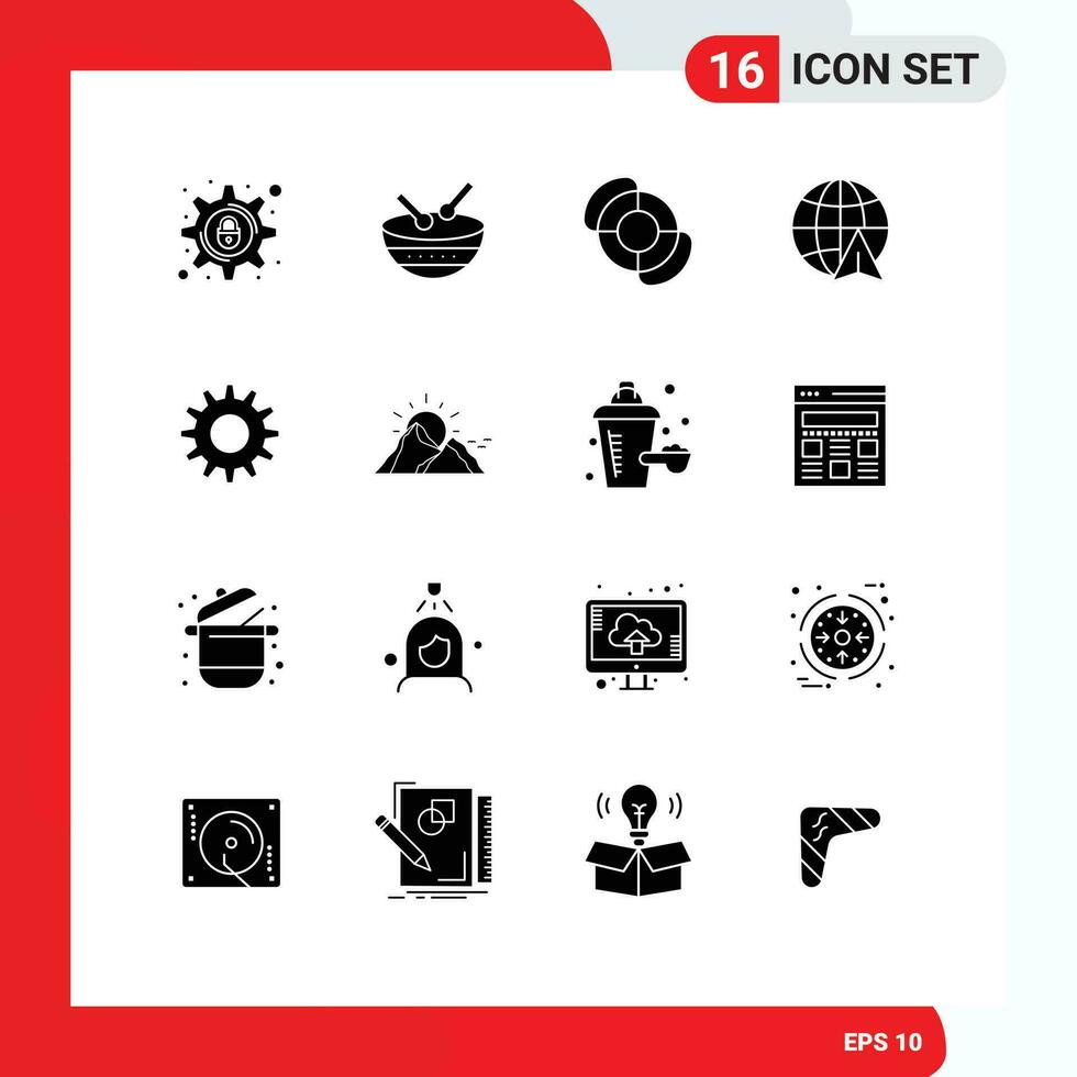 16 Thematic Vector Solid Glyphs and Editable Symbols of hill gear beach cog globe Editable Vector Design Elements