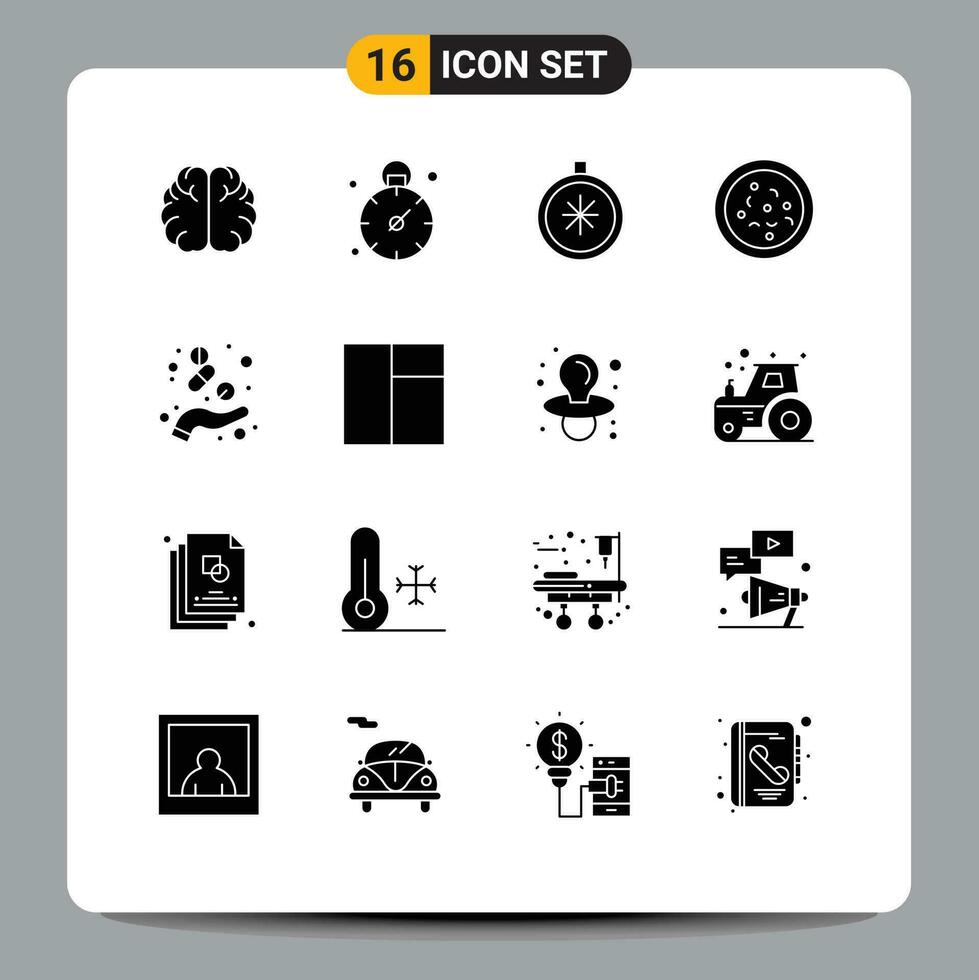16 Solid Glyph concept for Websites Mobile and Apps health drug direction capsule food Editable Vector Design Elements