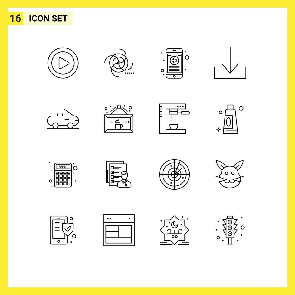 16 Thematic Vector Outlines and Editable Symbols of cafe car medical cabriolet arrow Editable Vector Design Elements