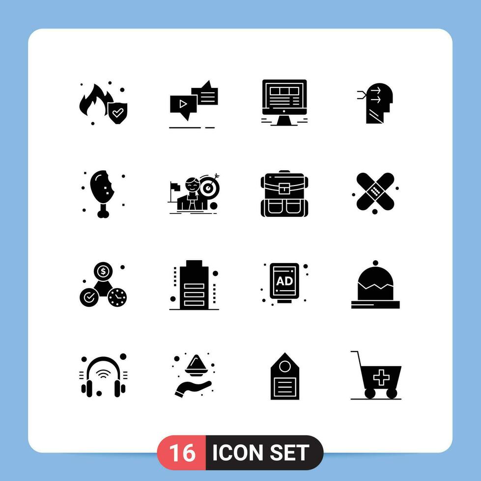 16 Thematic Vector Solid Glyphs and Editable Symbols of chicken leg brian browser head web Editable Vector Design Elements