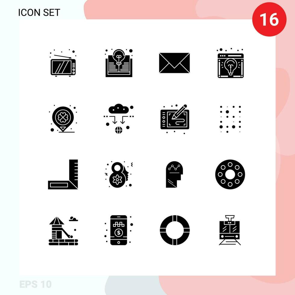 16 Thematic Vector Solid Glyphs and Editable Symbols of light bulb idea communication business idea envelope Editable Vector Design Elements