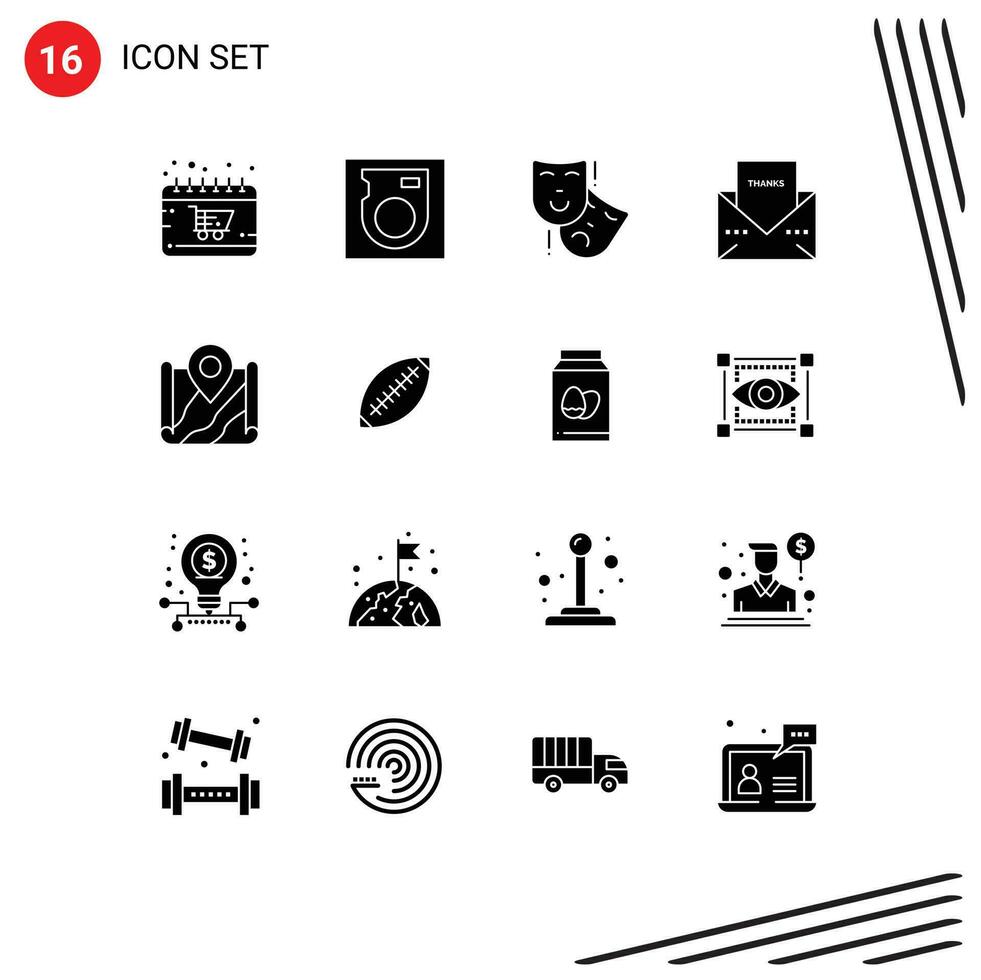 16 Thematic Vector Solid Glyphs and Editable Symbols of map thanks acting message envelope Editable Vector Design Elements