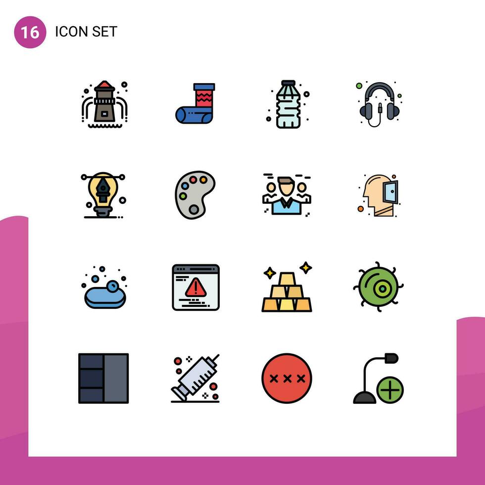 16 Universal Flat Color Filled Line Signs Symbols of designing bulb drink headphone computer Editable Creative Vector Design Elements