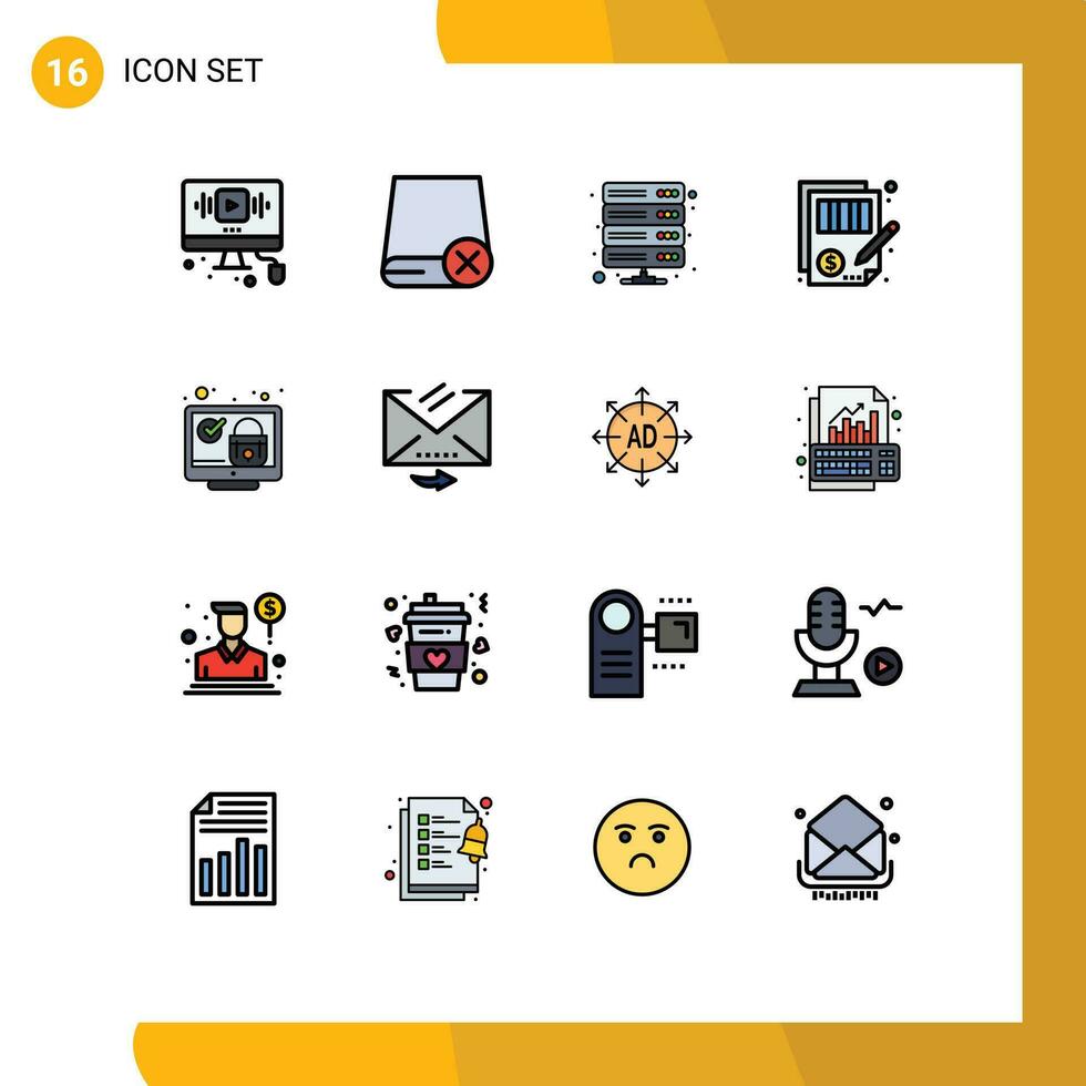 16 Universal Flat Color Filled Line Signs Symbols of document accuracy gadget vpn server Editable Creative Vector Design Elements