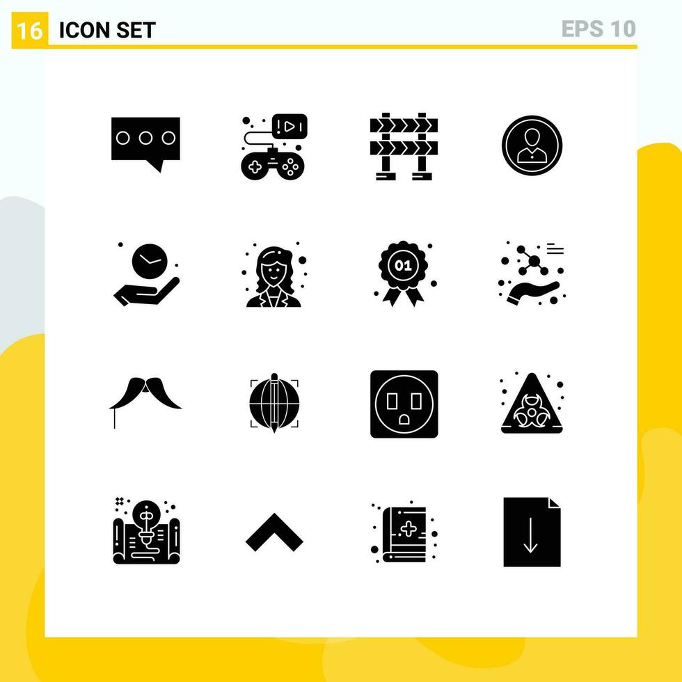 16 Thematic Vector Solid Glyphs and Editable Symbols of clock profile barrier person man Editable Vector Design Elements