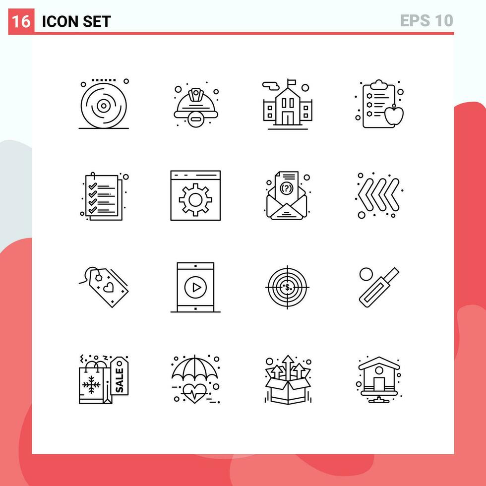 16 Thematic Vector Outlines and Editable Symbols of list check worker hat health clipboard apple Editable Vector Design Elements