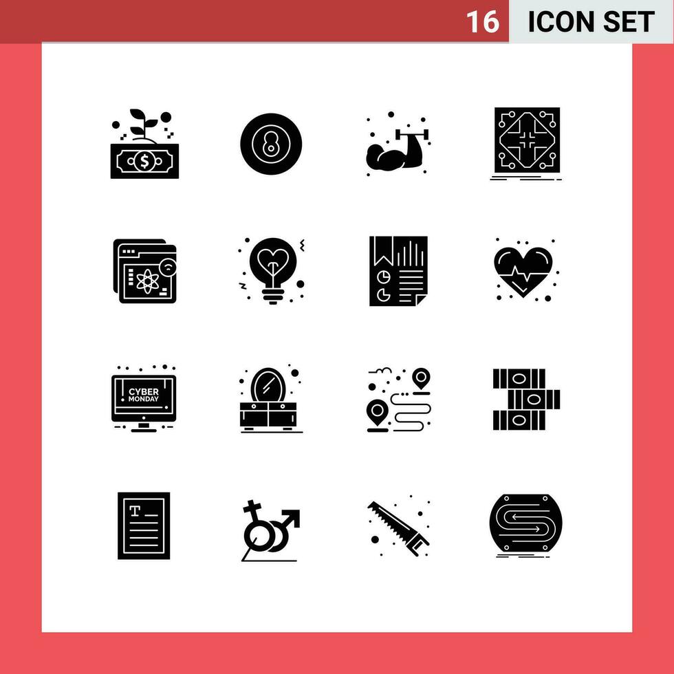 16 Thematic Vector Solid Glyphs and Editable Symbols of grid network sport infrastructure weightlifting Editable Vector Design Elements