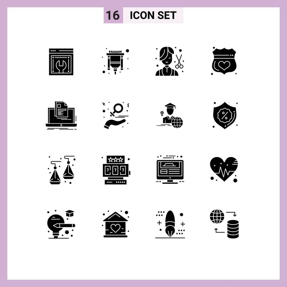 16 Thematic Vector Solid Glyphs and Editable Symbols of shield safe barber medical grooming Editable Vector Design Elements