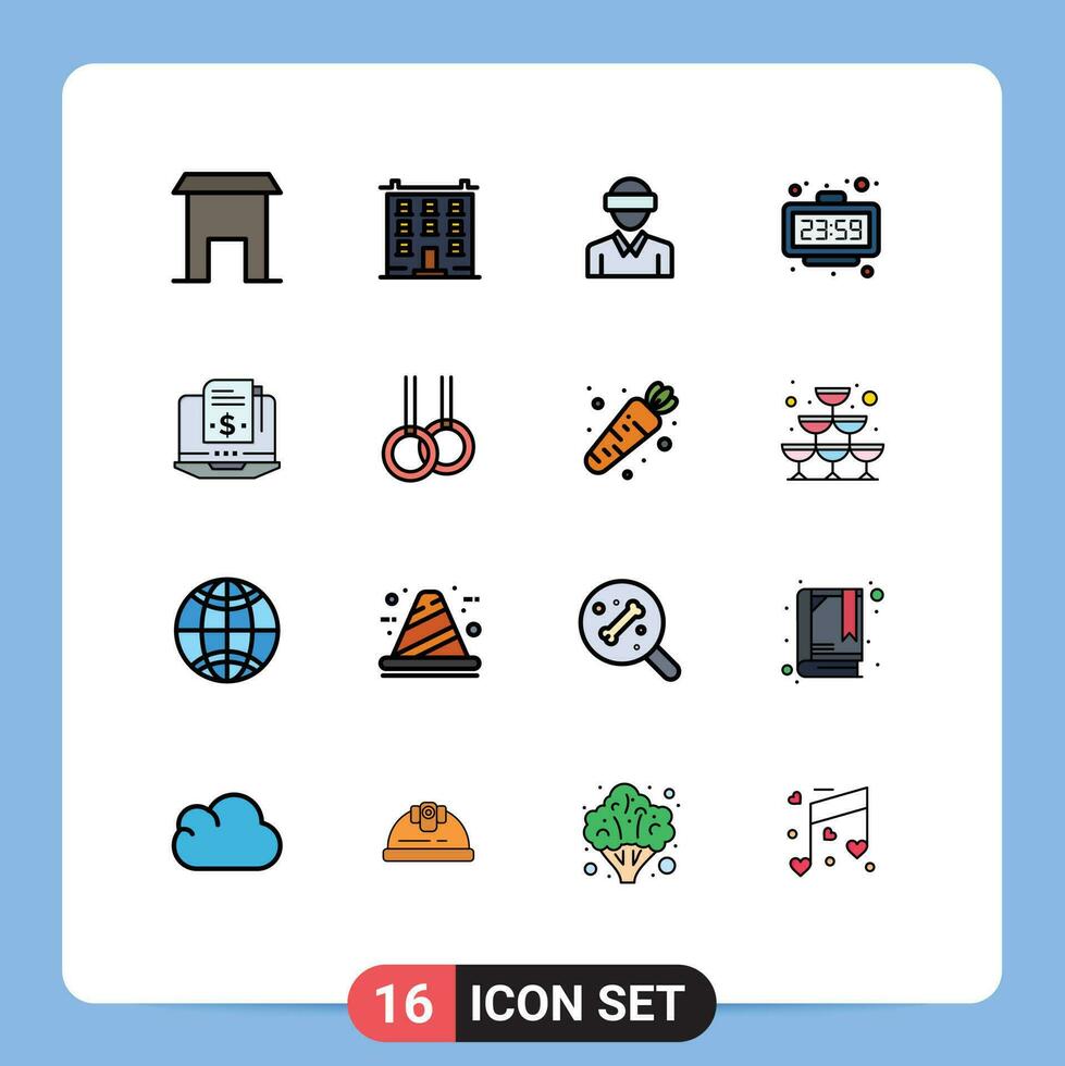 16 Thematic Vector Flat Color Filled Lines and Editable Symbols of time minute house clock technology Editable Creative Vector Design Elements
