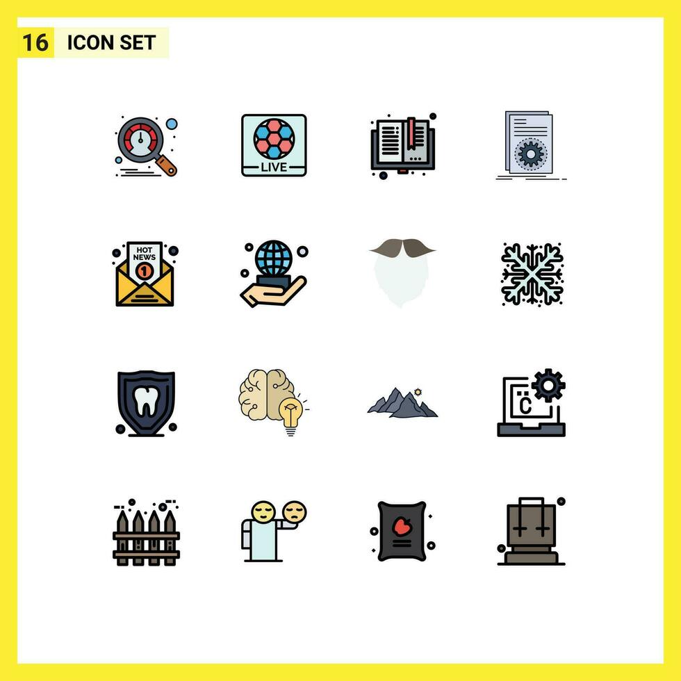 16 Thematic Vector Flat Color Filled Lines and Editable Symbols of breaking news running books file code Editable Creative Vector Design Elements