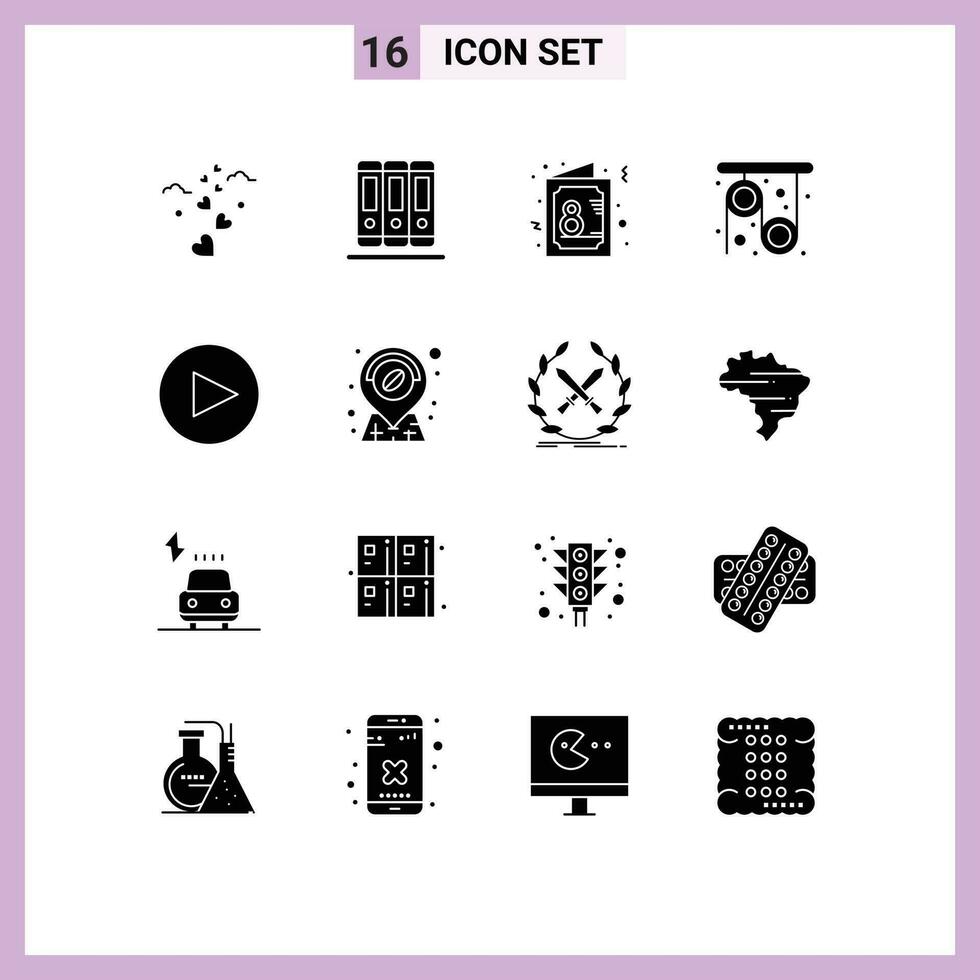 16 Thematic Vector Solid Glyphs and Editable Symbols of play science day research physics Editable Vector Design Elements