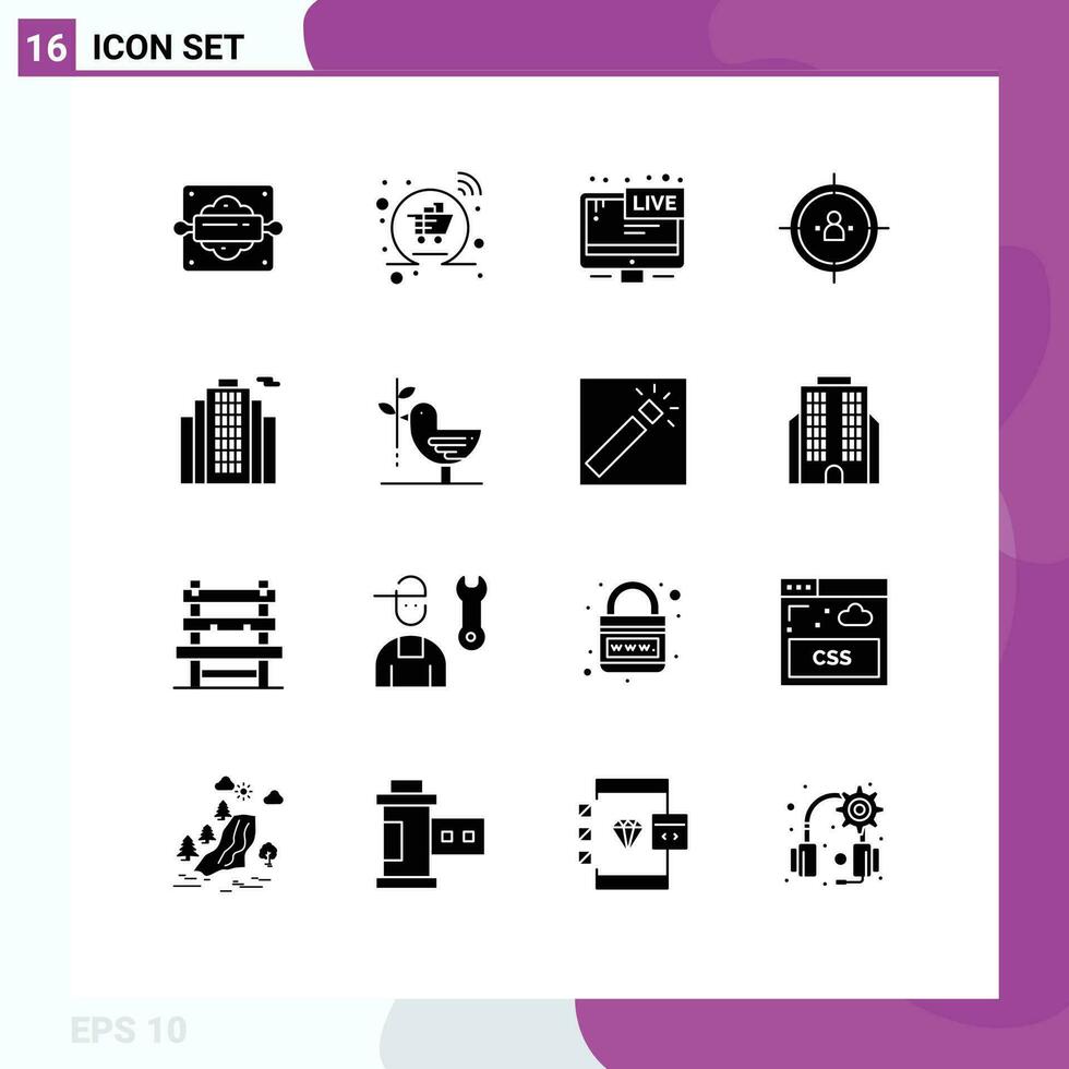 16 Thematic Vector Solid Glyphs and Editable Symbols of strategy people tv management news Editable Vector Design Elements