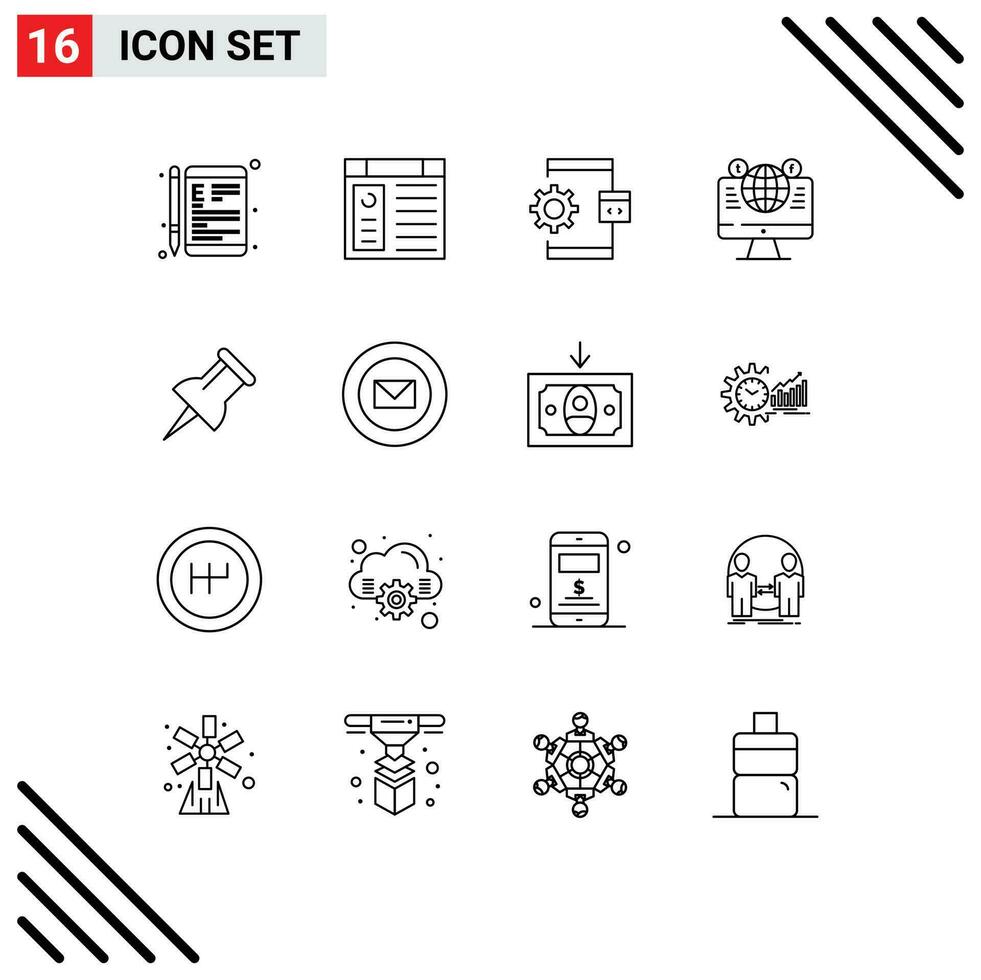 16 Thematic Vector Outlines and Editable Symbols of computer website page process develop Editable Vector Design Elements