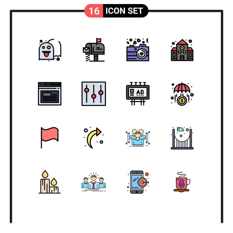 16 Thematic Vector Flat Color Filled Lines and Editable Symbols of page back to school camera building school Editable Creative Vector Design Elements
